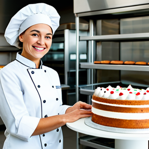제과 자격증 취득 후 해외 진출 사례 - A professional female pastry chef, fully clothed in a clean, white chef's coat and hat, standing in ...