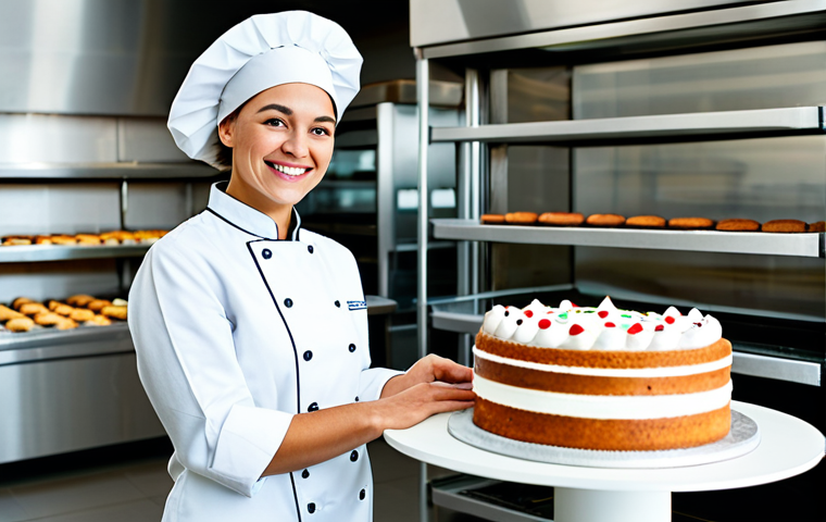 제과 자격증 취득 후 해외 진출 사례 - A professional female pastry chef, fully clothed in a clean, white chef's coat and hat, standing in ...