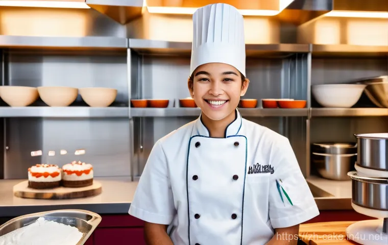 제과 자격증 준비 단계별 가이드 - Prompt 1: Aspiring Baker in a Professional Kitchen**